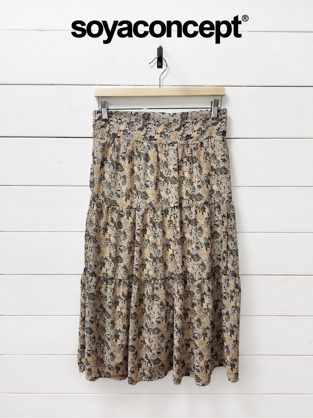 Soyaconcept Tiered Floral Midi Skirt – Neutral Tones – Size Small
